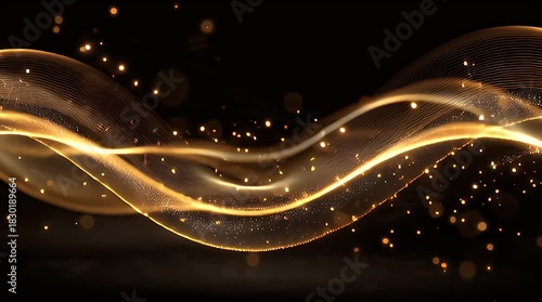 A shimmering golden wave flows across a dark background, speckled with small, glowing particles. The abstract form has gentle curves, creating a dreamy feel