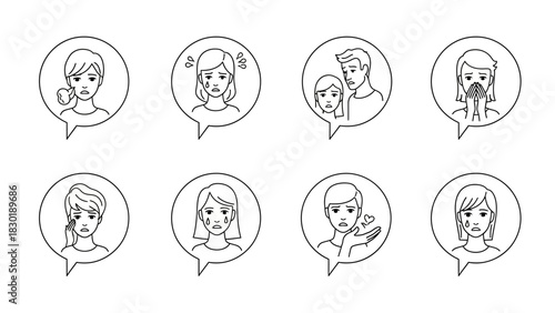 Diverse representations of emotional distress in minimal line art illustration style vector graphic