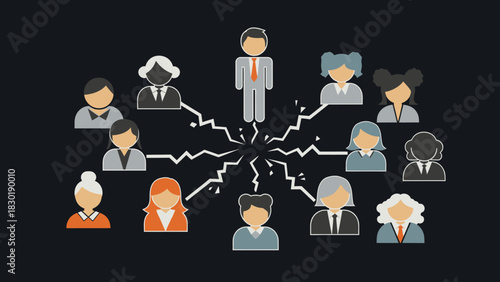 Decentralized team communication, corporate structure and networked collaboration model diagram