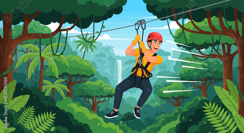 Animated illustration showcasing the thrill of ziplining through a tropical jungle
