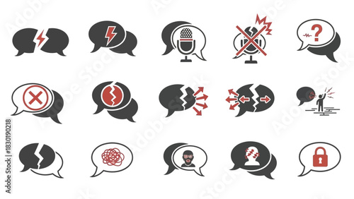 Conceptual communication icons set representing conflict resolution and misunderstandings conveyed