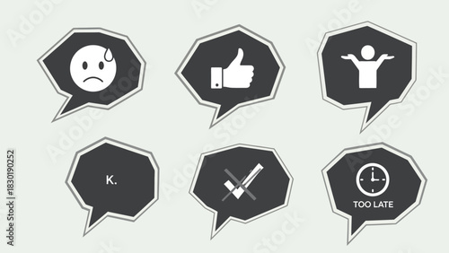 Communication Icons Conveying Various Emotions and Reactions in Thought Bubble Design