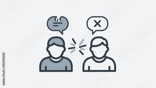 Communication breakdown illustrated by icons of opposing viewpoints and discussions