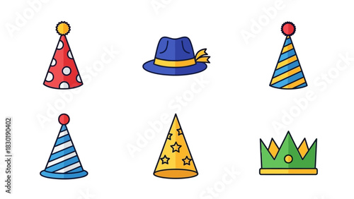 Colorful festive party hats and stylish fedora illustration, perfect for celebrating special