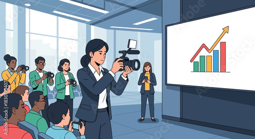 Diverse group capturing growth data at business presentation, optimistic future