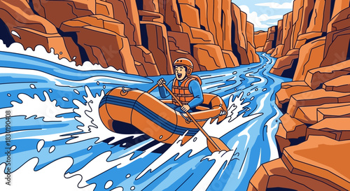 Exhilarating illustration showcasing white water rafting adventure in the canyon