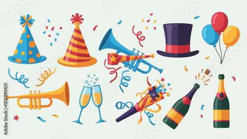 Colorful celebration assortment with party hats, confetti, trumpets and champagne representing