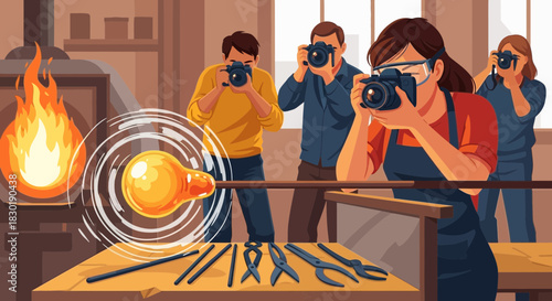 Glassblowing demonstration attracting photographers showcasing artistic process