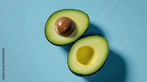 Sliced avocado halves with the pit in one half rest on a solid light blue backdrop. The vibrant colors contrast nicely