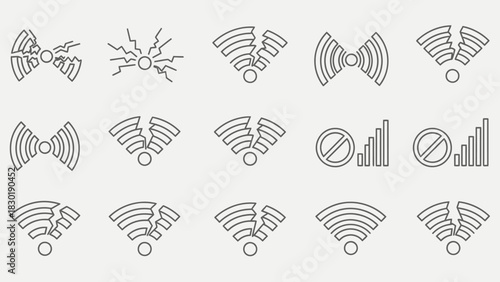 Collection of vector icons illustrating varying states of connectivity disruption and strength