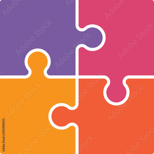 Four jigsaw puzzle pieces perfectly connected, colorful flat vector illustration, teamwork, collaboration, unity, matching concept, isolated on white background