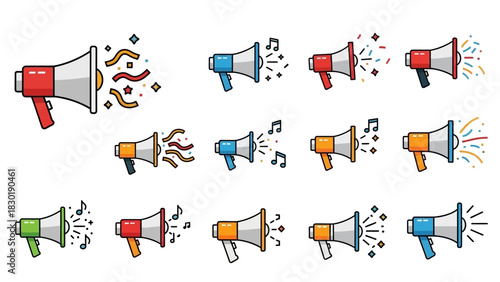 Collection of vibrant megaphone illustrations promoting announcements and celebrations effectively