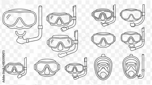 Collection of Underwater Diving Masks and Snorkels Black and White Line Art Illustration