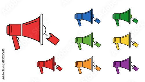 Collection of stylized broken megaphone icons in various vibrant colors for digital marketing and