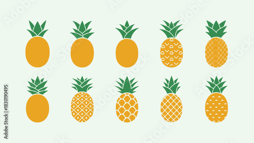 Collection of stylish pineapple fruit icons, demonstrating various patterns and forms for graphic
