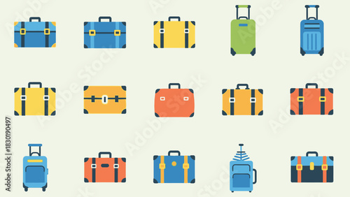 Collection of stylish suitcases and travel bags in various colors, isolated on a light background