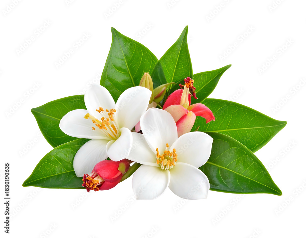 Fototapeta premium A small bouquet of white blossoms, red buds, and bright green leaves isolated on a stark black backdrop