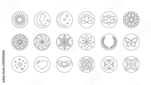 Collection of ethereal line art symbols representing nature, spirituality, and love in modern design