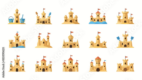 Collection of cheerful sandcastle illustrations, featuring varied designs for summer fun and