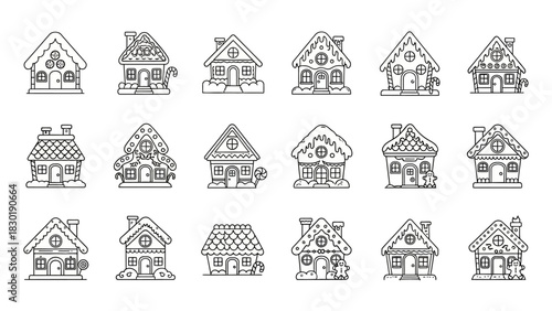 Charming vector illustration showcasing a delightful assortment of gingerbread houses line art