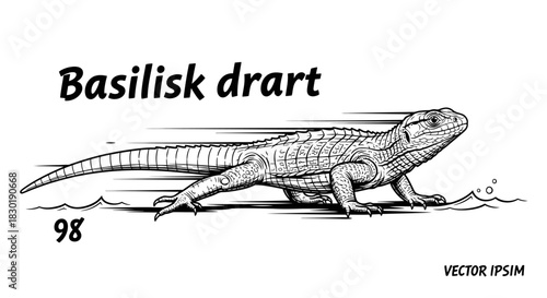 Detailed black and white basilisk lizard illustration