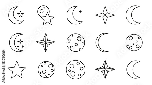 Celestial Symbols: A Minimalist Collection of Moon Phases and Star Illustrations