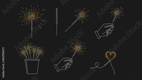 Celebratory sparklers graphic elements shining festive firework lights illustration on a dark