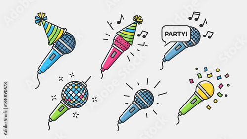 Celebratory vocal concert featuring cartoon microphones with festive decorations in vibrant colors