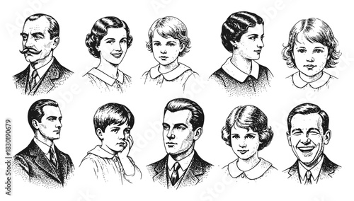 Set of ten vintage portraits, rendered in a detailed engraving style, featuring men, women, and children from the early 20th century. Excellent for history, genealogy, formal, and classical media.