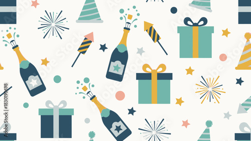 Celebration Pattern with Champagne Bottles, Confetti, and Presents for Festive Events