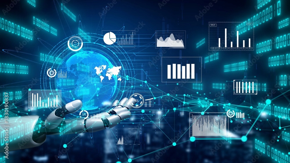 Fototapeta premium A futuristic robot hand presents a captivating data visualization in a digital space, emphasizing technology, global connectivity, and advanced analytics. Xenic