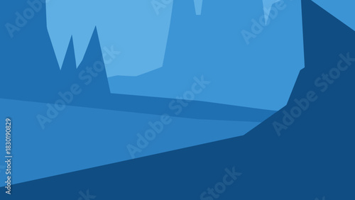 Abstract monochromatic landscape featuring layered geometric shapes in shades of blue, creating a