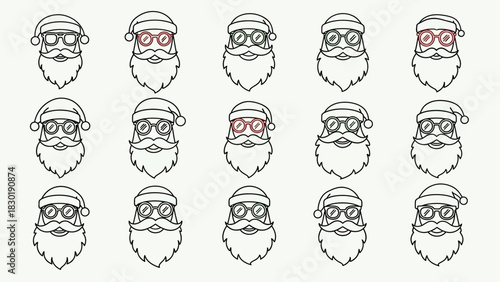 A whimsical pattern of Santa Claus faces with glasses for festive digital holiday designs