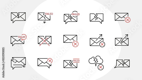 A set of linear icons depicting issues with electronic communication processes and message