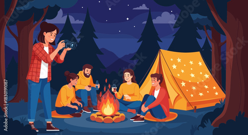 Friends Enjoying a Campfire Under the Stars, Captured in a Photography Moment