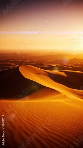 Cinematic slow push over vast sand dunes meeting a vibrant, hazy golden hour sky at the unbroken horizon line sky, extreme, serene