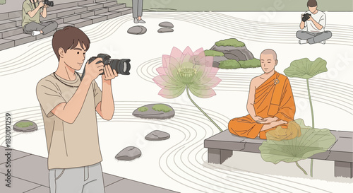 Photographers capturing serene moment of meditating monk in zen garden