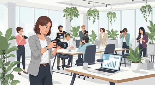 Diverse photography team collaborating in modern plant-filled office space