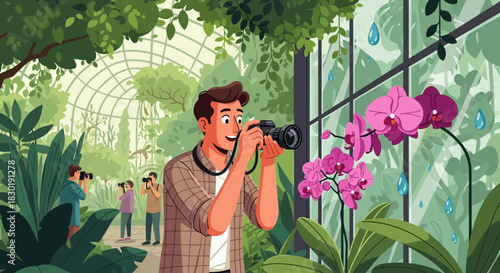 Illustrative Depiction of Photographers Capturing Beauty in Botanical Garden