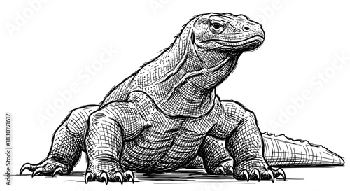 Detailed black and white illustration of a Komodo dragon