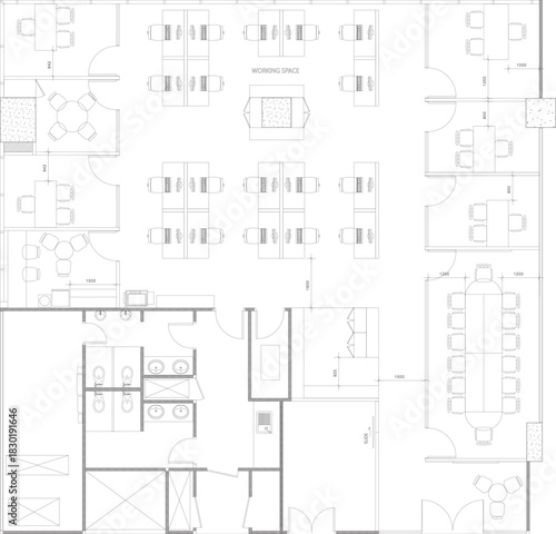 2D Drawing Office Layout: Common Area, Shared Restroom, Staff Zone, Manager Room, and Meeting Room