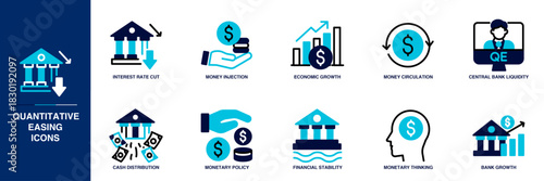 Quantitative Easing Blue Colored Outline Icon Set