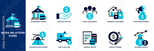 Public Spending Blue Colored Outline Icon Set