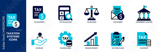 Taxation Systems Blue Colored Outline Icon Set