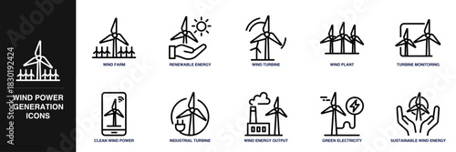 Wind Power Generation Line Icon Set