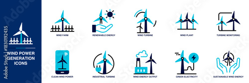 Wind Power Generation Blue Colored Outline Icon Set
