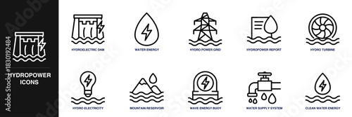 Hydropower Line Icon Set