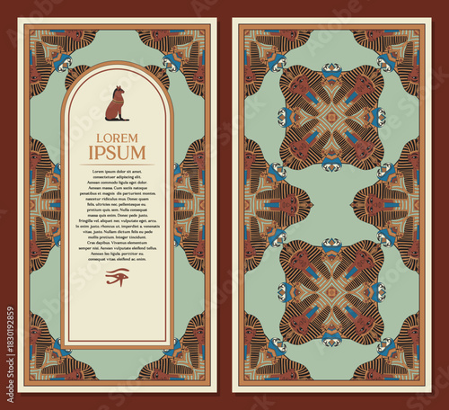 Vintage frame with ancient Egypt pattern with pharaoh icons for invitation or flyer decoration