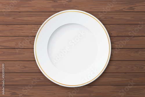 Top view of blank white circle plate with golden porder place on wooden table background