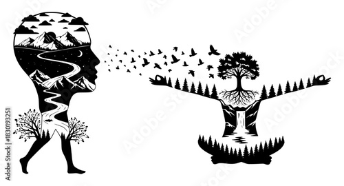 A human head filled with a nature landscape and a meditative figure with a tree growing from within, birds escaping. Represents mind, nature, and spirituality.